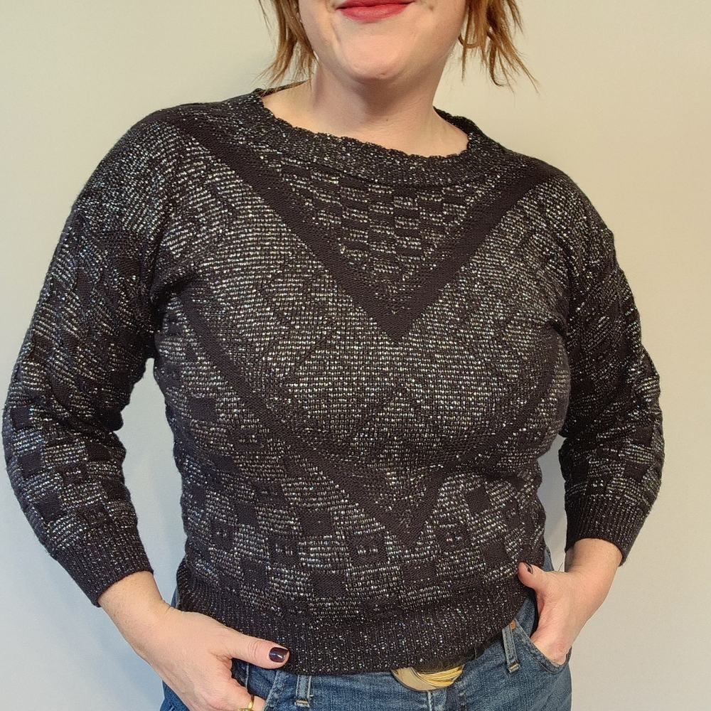 80s Checkered Black Sweater with Sparkles
